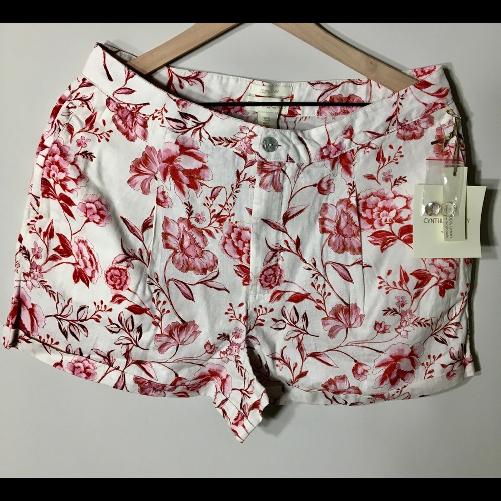 Cynthia Rowley Linen Floral Shorts Women’s Size 12 Red White NWT Summer